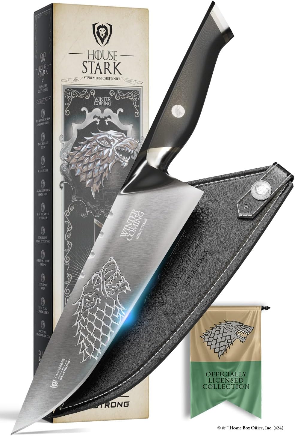 Dalstrong 8 inch Chef Knife- Game of Thrones™ Knife - House Lannister™ Edition - German Premium Steel Full Tang - Professional G10 Handle - Collection Item Toughbuilt Utility Knife- Leather Sheath