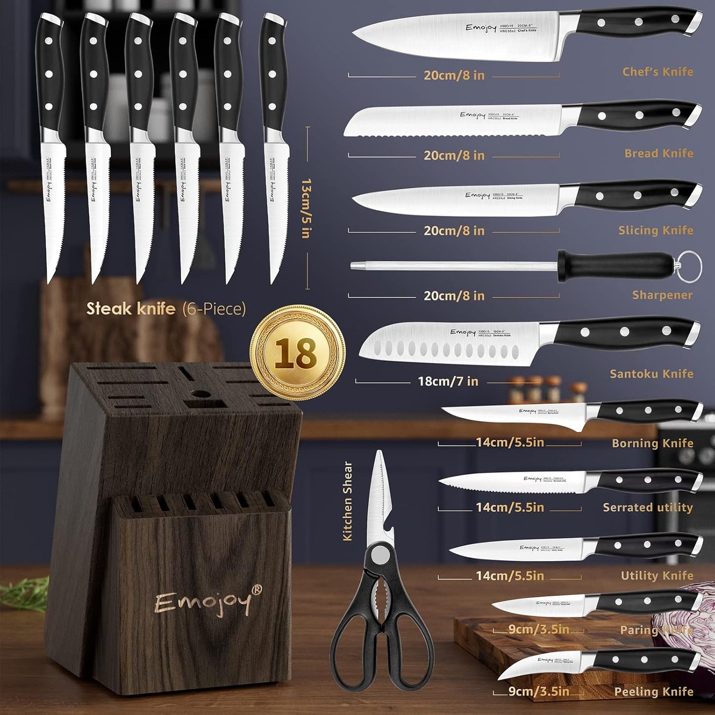 Emojoy Knife Set, 18-Piece Kitchen Knife Set with Block Wooden, Manual Sharpening for Chef Knife Set, German Stainless Steel