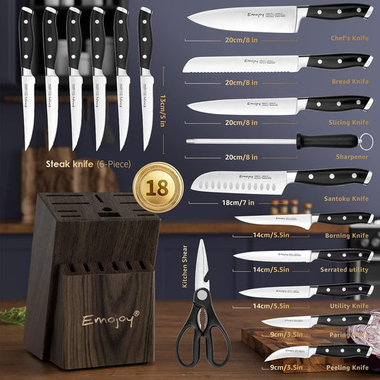 Emojoy Knife Set, 18-Piece Kitchen Knife Set with Block Wooden, Manual Sharpening for Chef Knife Set, German Stainless Steel