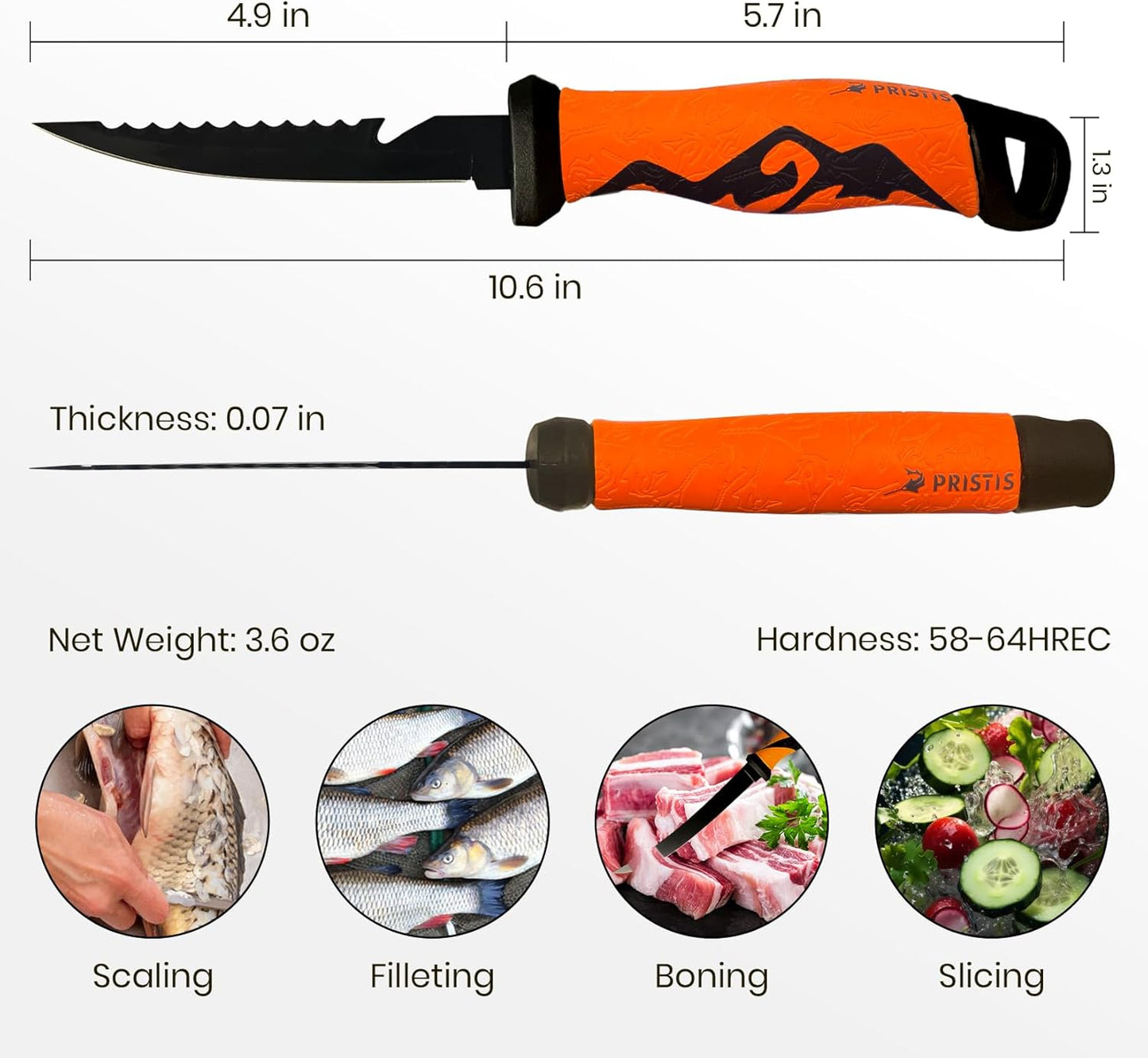 Pristis 9'' Fillet Knife for Fish, Stainless Steel Teflon Coated Blade with Non-Slip Grip Handle, Filet Knife Tackle with Protective Sheath and Sharpener for Fishing Boning Meat Cutting Kitchen