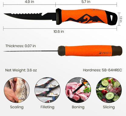 Pristis 9'' Fillet Knife for Fish, Stainless Steel Teflon Coated Blade with Non-Slip Grip Handle, Filet Knife Tackle with Protective Sheath and Sharpener for Fishing Boning Meat Cutting Kitchen