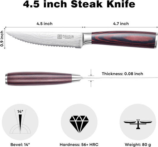 PAUDIN Steak Knives, Steak Knives Set of 6, Ultra Sharp 4.5 Inch Serrated Steak Knife, High Carbon Stainless Steel Steak Knife Set with Pakkawood Handle and Gift Box