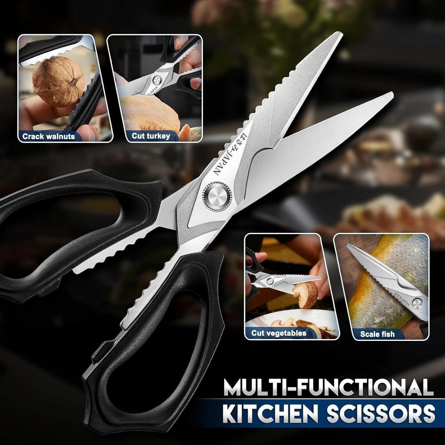 Purple Dragon Kitchen Scissors for Food - Stainless Steel Cooking Scissors All Purpose - Kitchen Shear Heavy Duty for Meat Cutting - Dishwasher Safe - Gifts for Men and Women - Black Sharp Blade