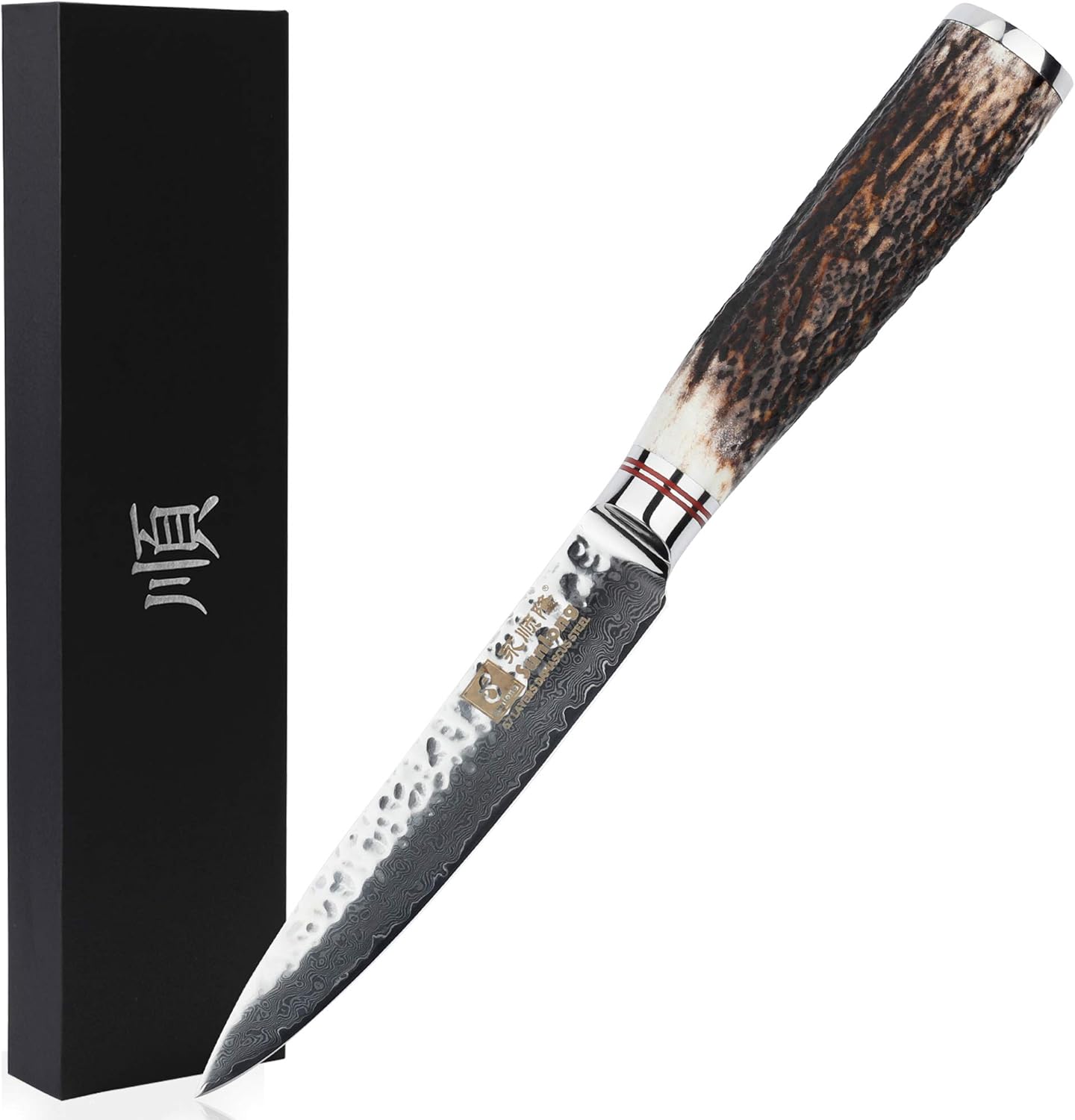 SUNLONG Usuba & Nakiri Knife 6.5 inch Fruit and Vegetable Knife Japanese Hammered Damascus Steel Super sharp - Natural Deer Horn Handle