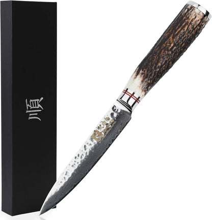 SUNLONG Usuba & Nakiri Knife 6.5 inch Fruit and Vegetable Knife Japanese Hammered Damascus Steel Super sharp - Natural Deer Horn Handle