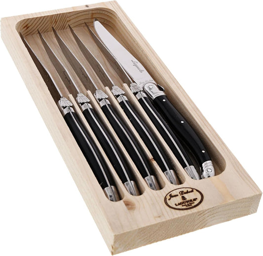Jean Dubost Laguiole 6-Piece Steak Knife Set, Paris Colors Handles - 1.2 mm Blades - Rust-Resistant Stainless Steel - Includes Wooden Tray - Made in France