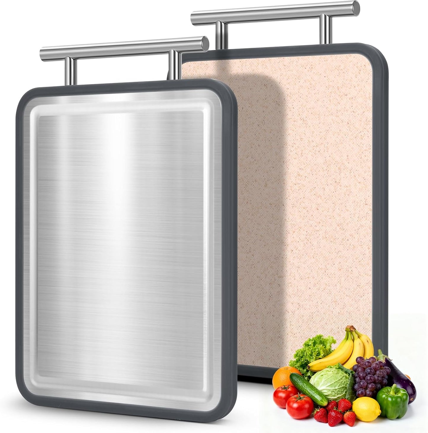Stainless Steel Cutting Board 8x10" and 15x11", IDekooror Double Sided Steel Chopping Board for Kitchen, Steel and Wheat Straw PP 2-in-1 Cutting Board for Meat Vegetables Fruits, Dishwasher Safe