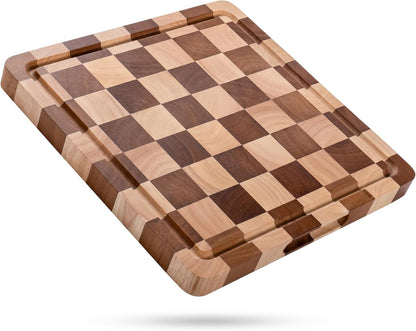Checkered Cutting Board for Kitchen - Solid Wood End Grain Checkerboard Chopping Board with Handle & Juice Groove, Double Sided for Cooking, Serving and Decor, Rectangular 16" x 12" x 1"