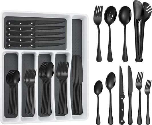 53PCS Black Silverware Set for 8 with Flatware Drawer Organizer, Stainless Steel Cutlery Set with Steak Knives, Include Spoons and Forks Set & Serving Utensils, Mirror Polished, Dishwasher Safe