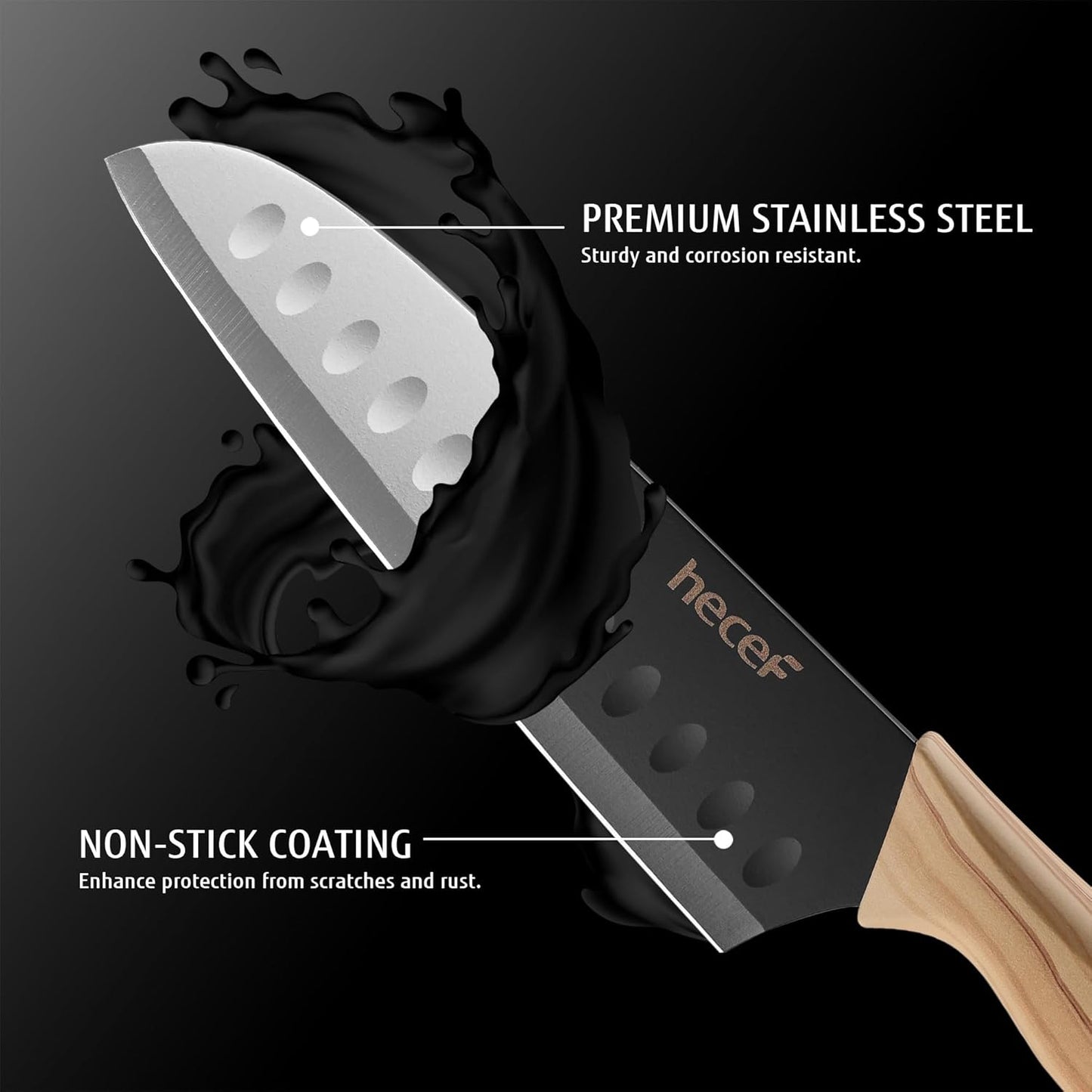 hecef Knife Set of 3, Stainless Steel Blade with Non-stick Coating, Sharp Kitchen Knives Includes Santoku, Utility, Paring Knives