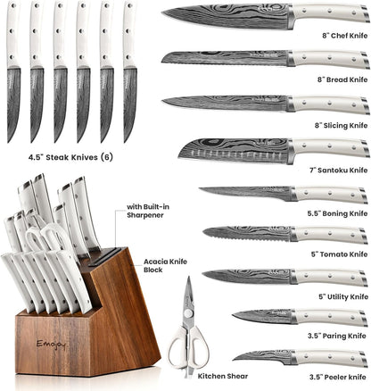 Knife Set, Emojoy 18-Pieces Kitchen Knife Set With Wooden Block, German Stainless Steel Knife Block Set With Built-In Sharpener, Professional Sharp Knives Set for Kitchen,White
