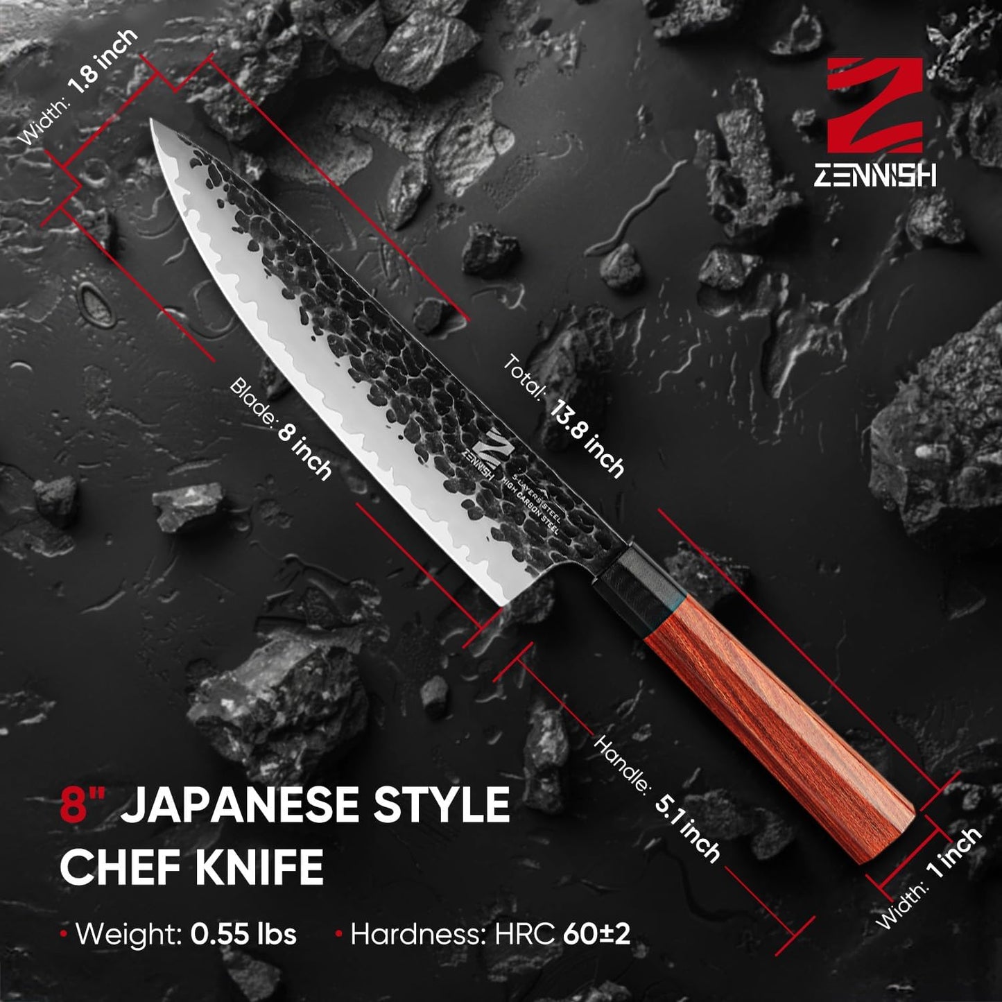 【Exclusive】 Gyuto Knife, 8 Inch Japanese Chef Knife, Handmade Forged 5-Layer VG10 High Carbon Steel, Hammered Finish Rust-Resistant Blade, Ergonomic Sandalwood G10 Handle Kitchen Knife with Gift Box