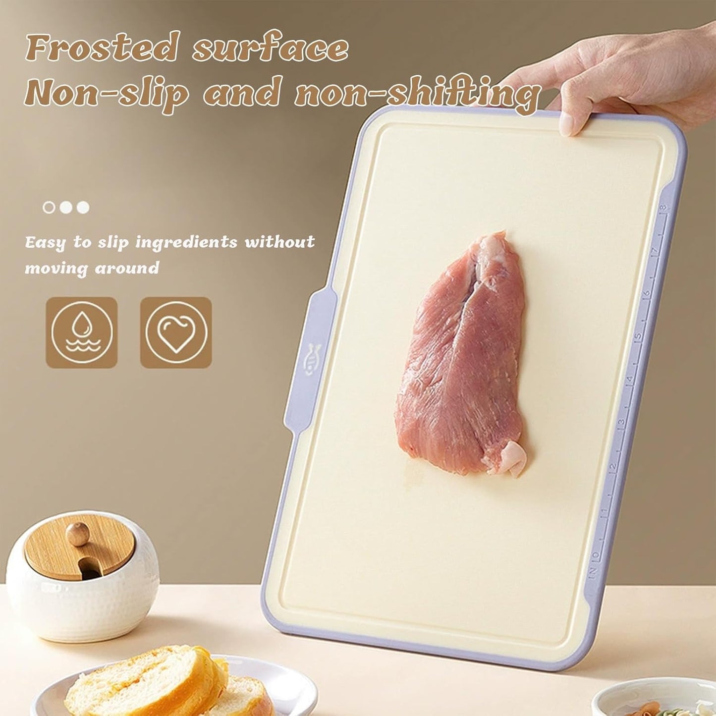 Plastic Cutting Boards for Kitchen, 4-Pieces Cutting Board With Food Icons And Storage Stand, Easy Grip Handle, Professional Chopping Board Set for Meat, Veggies, Fruits（12.9"X 9.4" X 3.1")