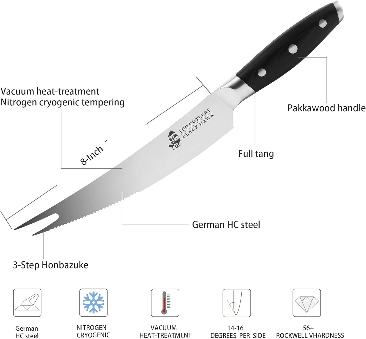 TUO Honing Rod, Knife Sharpening Rod 8 Inch, High Carbon German Steel Knife Sharpener with Ergonomic Pakkawood Handle, Premium Honing Steel for Kitchen Knives Blade Maintenance, Black Hawk Series