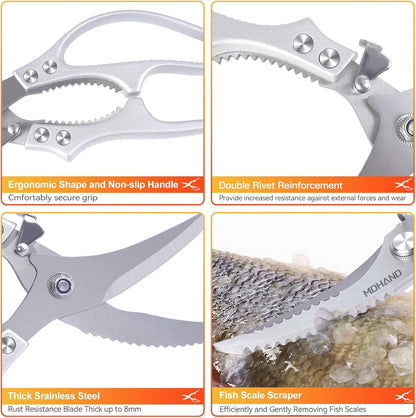 MDHAND Kitchen Shears Set, Heavy Duty Poultry Shears with Anti-Slip Handle & Safety Lock, Kitchen Food Scissors for Meat Chicken Fish Turkey Vegetables, Dishwasher Safe Cooking Scissors, Spring Loaded
