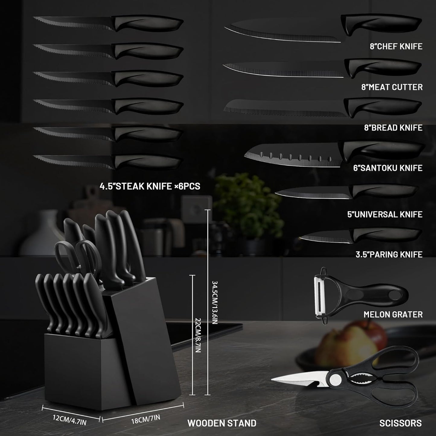 Knife Set, KroWallu 16 Pieces Knife Sets for Kitchen with Block, Dishwasher Safe Kitchen Knife Set with Built-in Sharpener, German Stainless Steel Black Knife Block Set