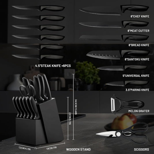 Knife Set, KroWallu 16 Pieces Knife Sets for Kitchen with Block, Dishwasher Safe Kitchen Knife Set with Built-in Sharpener, German Stainless Steel Black Knife Block Set