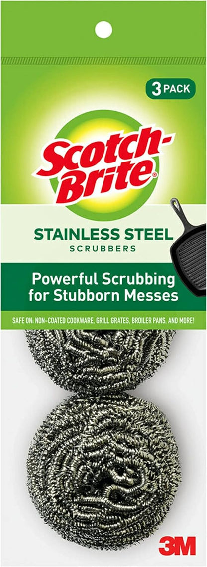 Scotch-Brite Stainless Steel Scrubbers, Scouring Pads for Cleaning Tough Baked-On Messes, Metal Scrubbers for Cleaning Dishes, 3 Scrub Pads