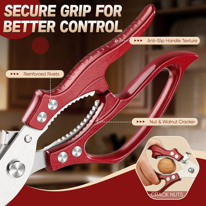 Huusk Poultry Shears Heavy Duty – All Purpose Japanese Kitchen Scissors for Chicken, Meat, Fish, Vegetables & Pizza with Ergonomic Non-Slip Red Handle, Gifts for Women Men