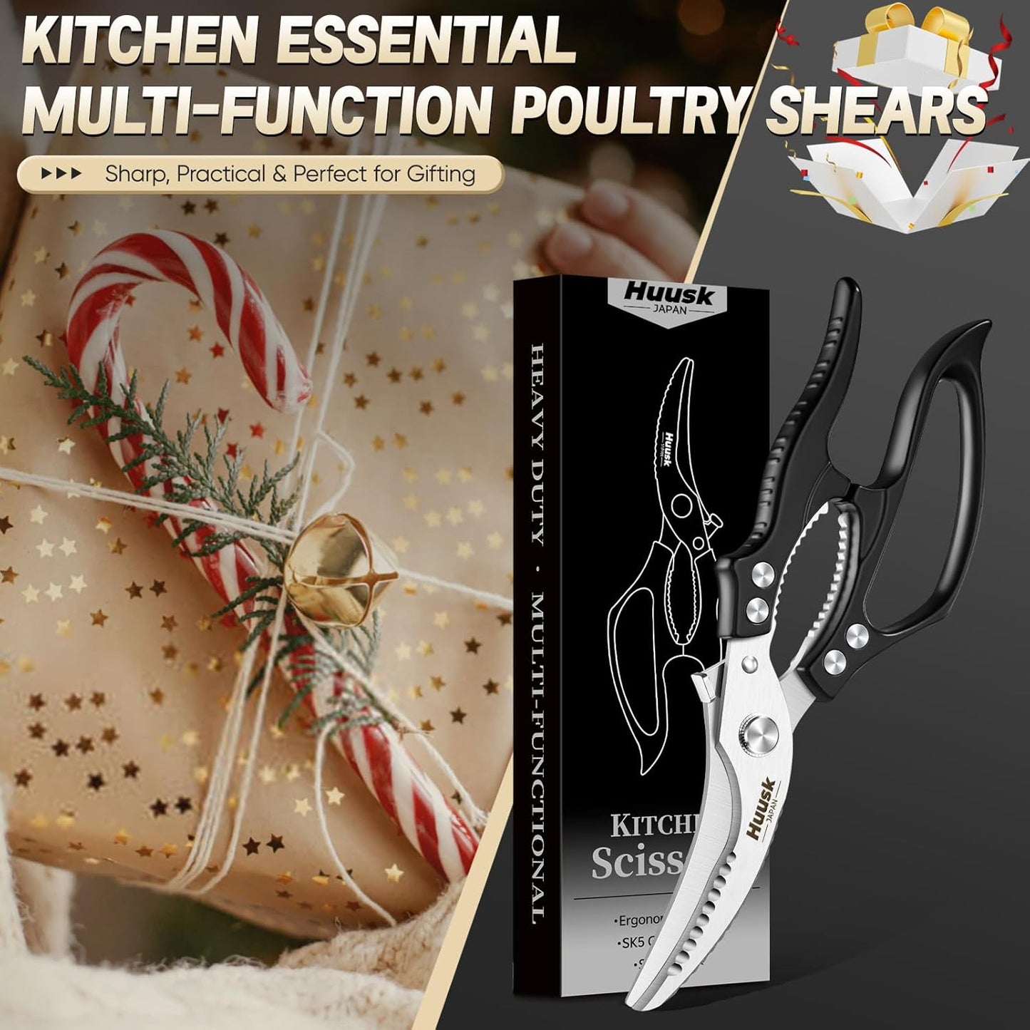 Huusk Poultry Shears Heavy Duty – All Purpose Japanese Kitchen Scissors for Chicken, Meat, Fish, Vegetables & Pizza with Ergonomic Non-Slip Red Handle, Gifts for Women Men