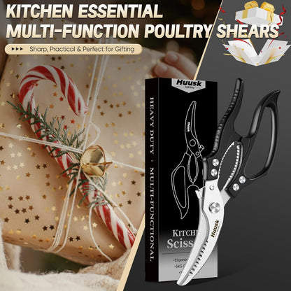 Huusk Poultry Shears Heavy Duty – All Purpose Japanese Kitchen Scissors for Chicken, Meat, Fish, Vegetables & Pizza with Ergonomic Non-Slip Red Handle, Gifts for Women Men