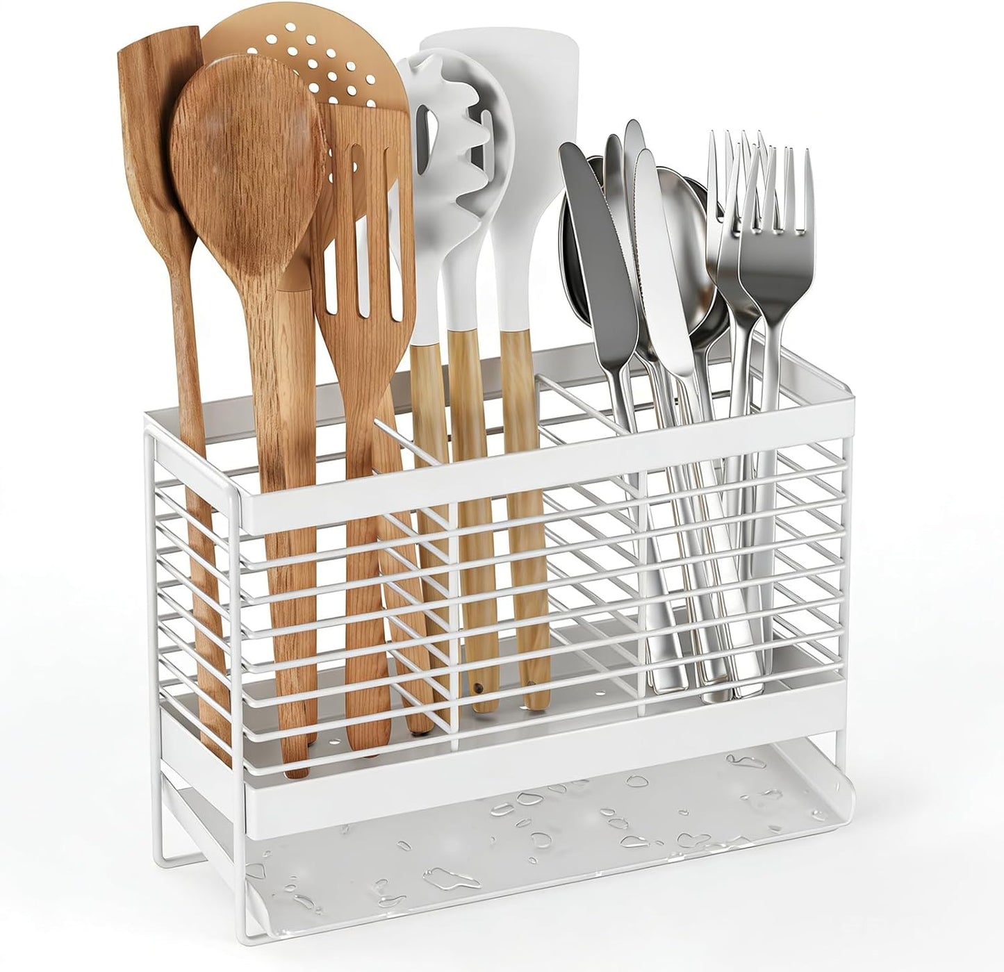 Utensil Holder, Upgrade Stainless Steel Utensil Drying Rack with Automatic Drain Tray for Kitchen Counter, Silverware Cutlery Organizer for Spoons, Forks, Knifes, Chopsticks (Black)