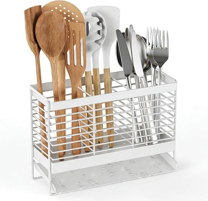 Utensil Holder, Upgrade Stainless Steel Utensil Drying Rack with Automatic Drain Tray for Kitchen Counter, Silverware Cutlery Organizer for Spoons, Forks, Knifes, Chopsticks (Black)