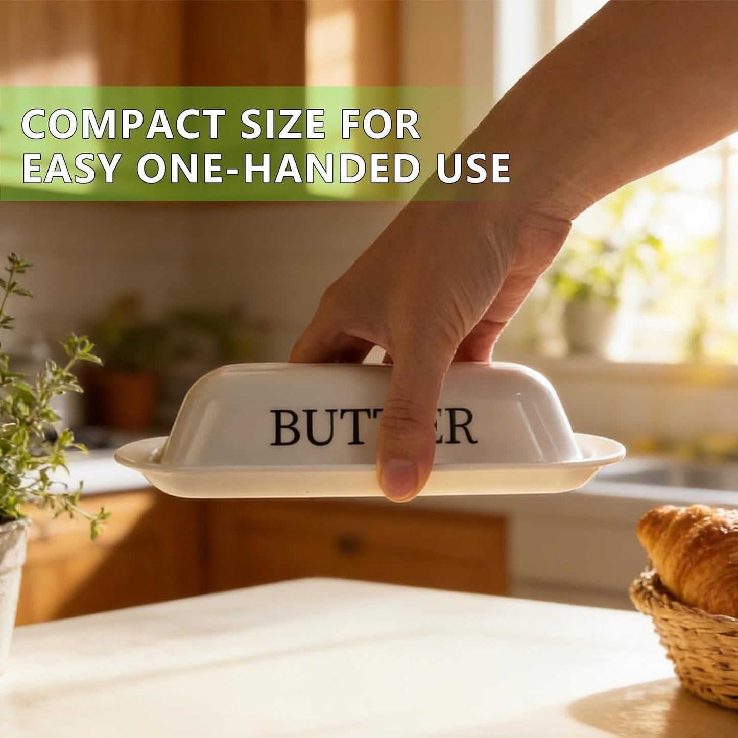 BPA-Free Melamine Butter Dish with Lid & Stainless Steel Knife - Farmhouse Butter Keeper for Countertop & Refrigerator, Dishwasher Safe, Holds 1 Stick with East & West Coast Butter-Cream