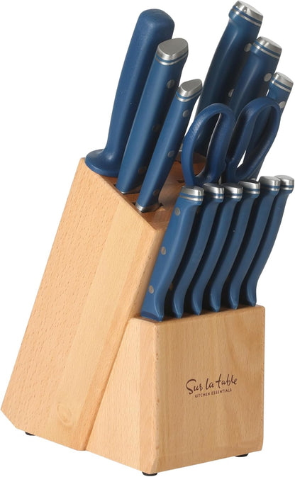 Sur La Table Kitchen Essentials Knife Set with Block, 14-Piece Forged German Steel Kitchen Knives, Beech Wood Block, Chef, Santoku, Bread & Steak Knives, Shears & Sharpener – Linen White