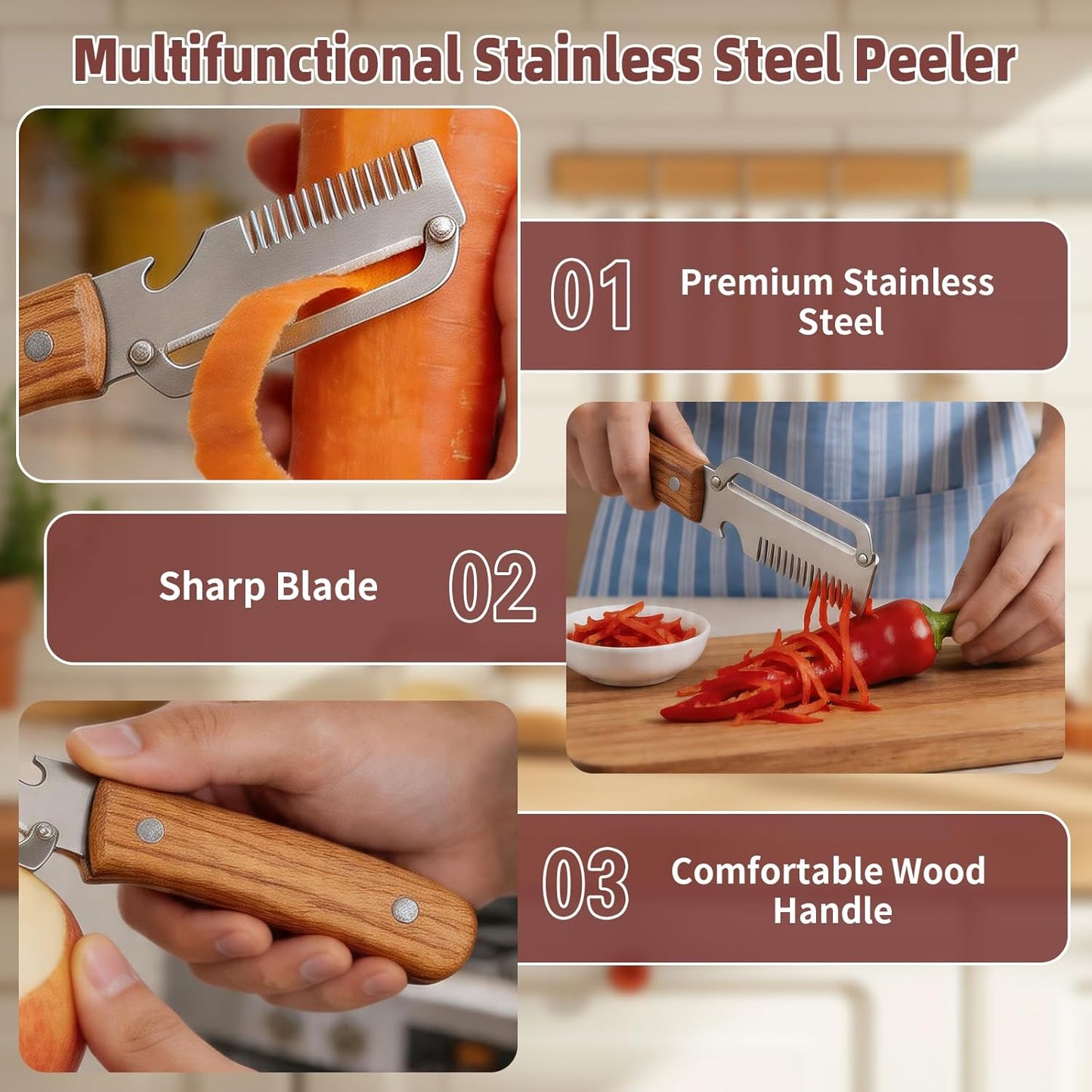 Multifunctional Vegetable Peeler, 2 in 1 Stainless Steel Fruit Veggie Peeler, Handheld Potato Peeler Knife with Bottle Opener Kitchen Tool for Peeling Carrrot Pineapple Pumpkin Papaya(2 Pack)
