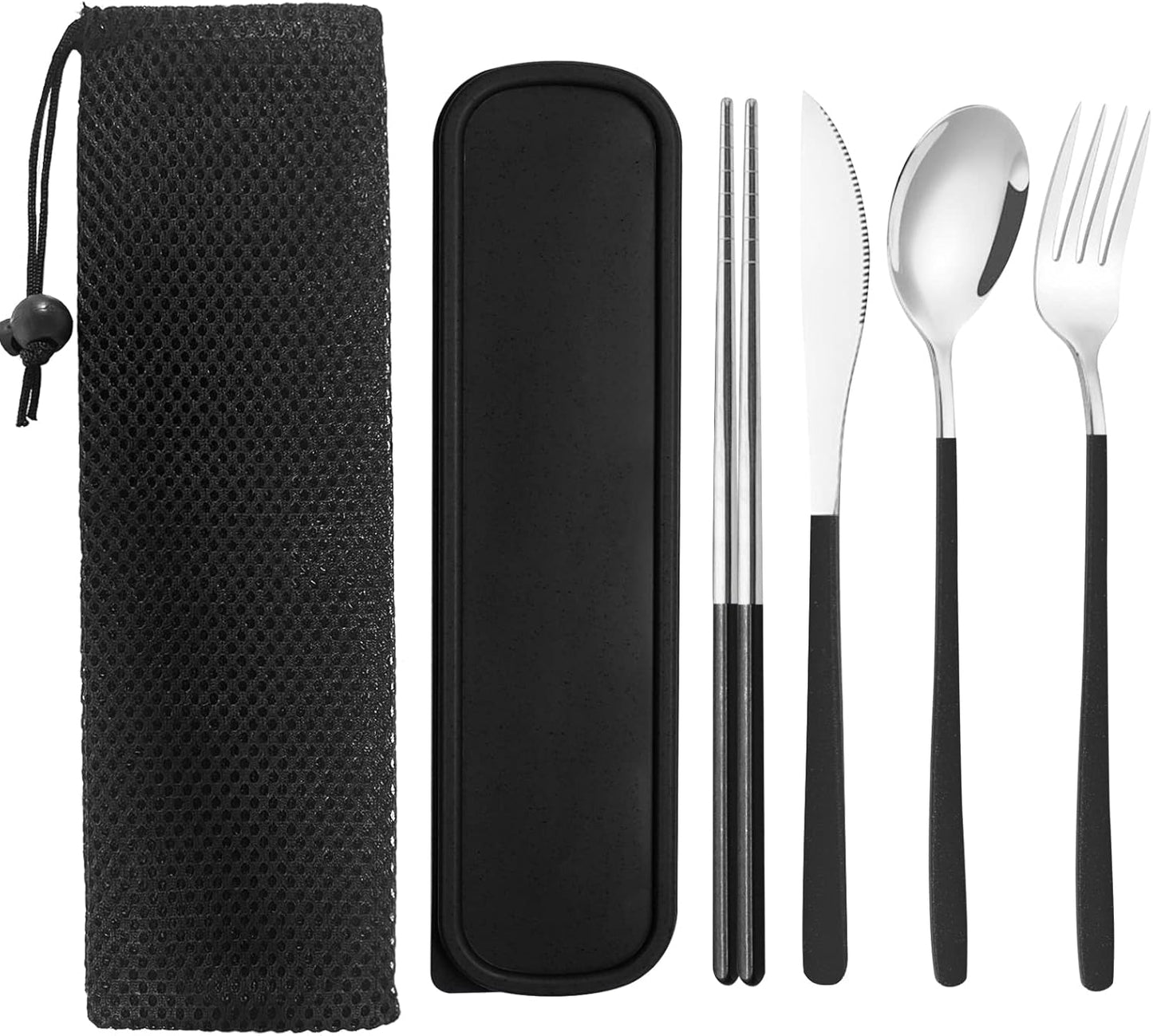 Black Portable Flatware Cutlery Set, TWUTGAYW Stainless Steel Travel Utensils with Case, Reusable Chopsticks Knife Spoons and Forks Set, Gold Camping Utensils Set for Lunch, Office, School, Picnic