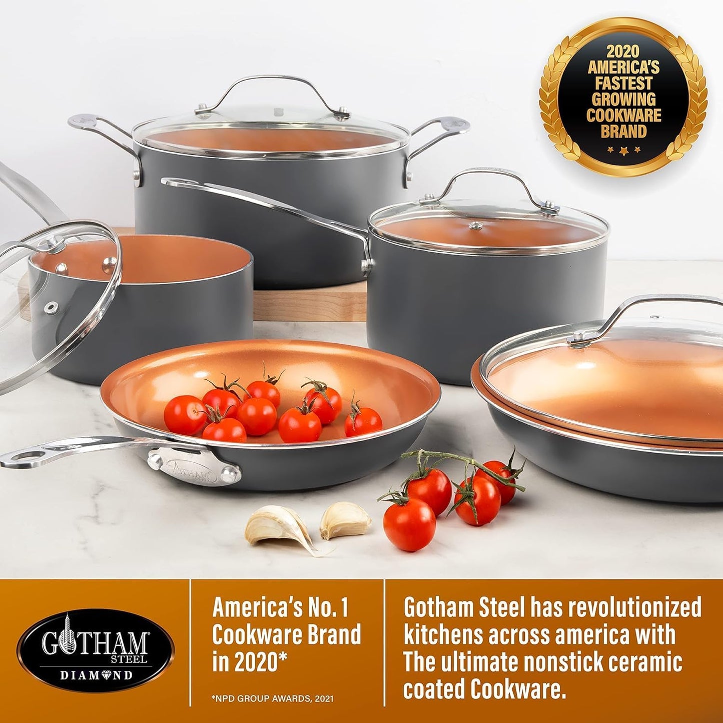 Gotham Steel 20pcs Pots and Pans Set Non Stick Ceramic Cookware Set with Deep Frying Pan Set & 6pc Knife Set, Improved Ti-Cerama Coating Made without PFOA PFOS Lasts 2x Longer, Oven & Dishwasher Safe