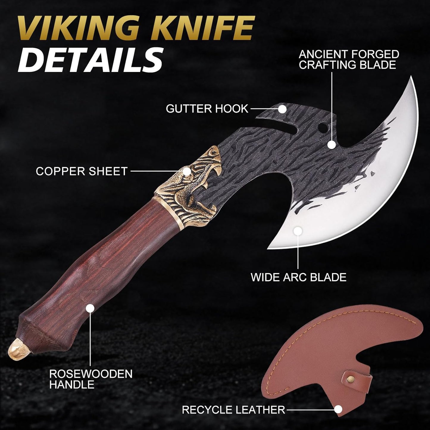 KITNATS Hand Forged Meat Cleaver with Sheath, Viking Inspired Butcher Knife for Meat Cutting, Boning, Outdoor BBQ, Camping and Kitchen Cooking, Gift for Men, Christmas Birthday