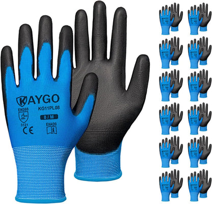 KAYGO Work Gloves for Men and Women,12 Pairs Seamless Knit PU Coated Safety Gloves, with Smooth Grip on Palm and Fingers, Ideal for Light Warehouse, Manufacturing, Gardening, KG11P (M, Black)