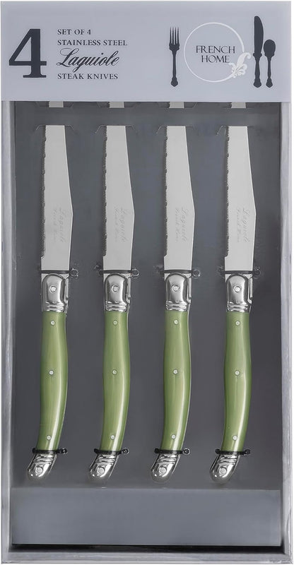 French Home Laguiole 4-Piece Steak Knife Set – Sophisticated Stainless Steel Dinner Knives with Navy Blue Handles & Iconic Bee Emblem – Serrated Knives for Smooth Cutting (9.25")