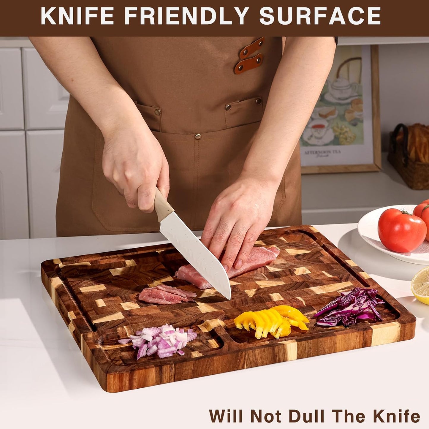 End Grain Cutting Board Double Sided, Walnut Wood Cutting Boards Butcher Block for Kitchen, Wooden Chopping Board with Deep Juice Groove, Handles, Stands & Mineral Oil Kit, 16.8" x 12.9" x 1"
