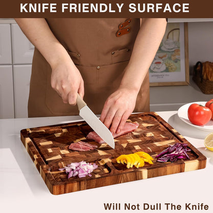 End Grain Cutting Board Double Sided, Walnut Wood Cutting Boards Butcher Block for Kitchen, Wooden Chopping Board with Deep Juice Groove, Handles, Stands & Mineral Oil Kit, 16.8" x 12.9" x 1"