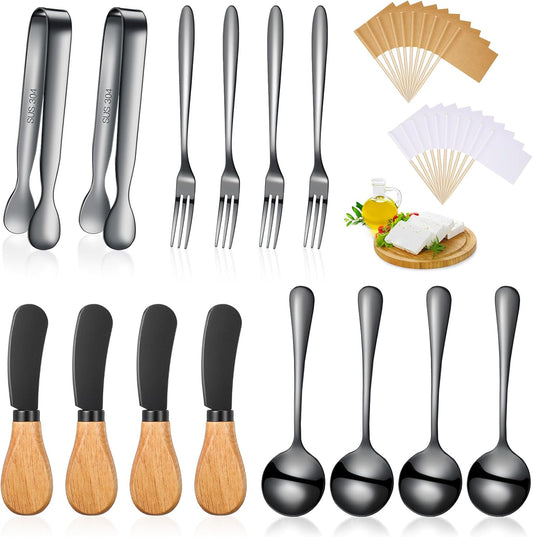 Cheese Butter Spreader Knives Set Charcuterie Accessories Stainless Steel Spreader Knives with Wooden Handles Charcuterie Boards Utensils Mini Serving Tongs Spoons and Forks (Gold,14 Pieces)
