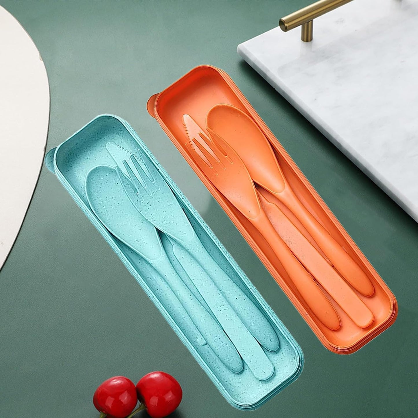 Reusable Travel Utensils Set with Case, 2 Sets Wheat Straw Portable Plastic Fork Spoons Knife Cutlery, Camping Eco-Friendly BPA Free Tableware for Kids Adults Work Picnic or Daily Use (Blue+Yellow)