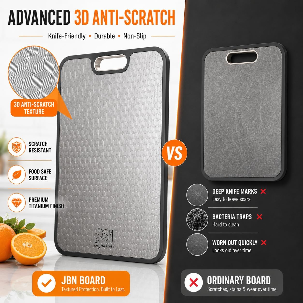 JBN Pure Titanium Cutting Board for Kitchen - Non-Toxic, Double Sided, Dishwasher Safe | Includes Stainless Steel Finger Guard | Non-Slip | 15.08"×10.43" Large Chopping Board