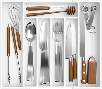 Kitsure Silverware Organizer for Drawers - Expandable Cutlery and Utensil Drawer Organizer with Easy Maintenance, Premium PP Kitchen Organizers and Storage for Flatware, Black, 13.2" x 12.2" x 1.6"