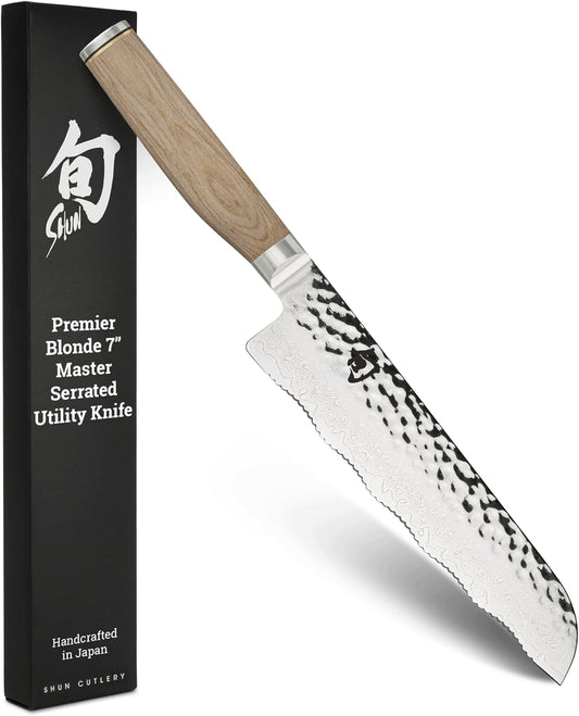 Shun Premier Blonde 7" Master Serrated Utility Knife, Handcrafted Japanese Knife, VG-MAX Core with Damascus Stainless Steel Cladding, Pakkawood Handle, Precision and Sharpness