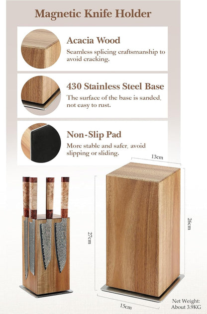 Strong Double Sided Magnetic Knife Block Without Knives, with Acacia Wood+430 Stainless Steel Base，Magnetic Universal Stands with Strong Enhanced Magnets Strip Kitchen Storage Cutlery Large Organizer