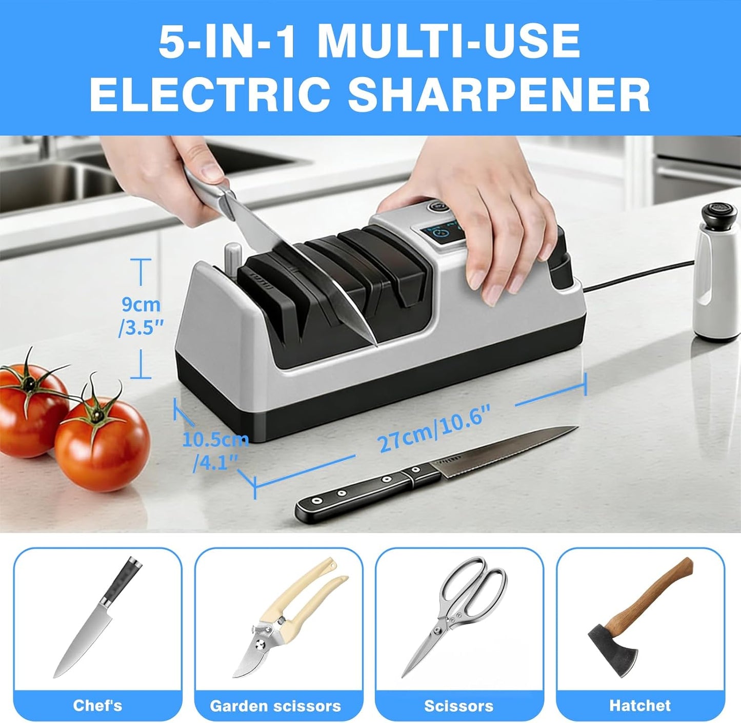 5-in-1 Electric Knife Sharpener for Kitchen Knives, Scissor Sharpener with 3-Speed & 100% Diamond Abrasives-Quickly Sharpening for Straight, Serrated, Meat Cleaver, Ceramic Knives & Kitchen Knives