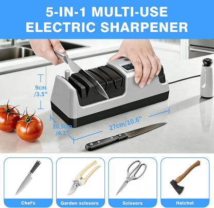 5-in-1 Electric Knife Sharpener for Kitchen Knives, Scissor Sharpener with 3-Speed & 100% Diamond Abrasives-Quickly Sharpening for Straight, Serrated, Meat Cleaver, Ceramic Knives & Kitchen Knives