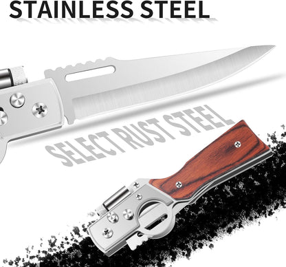 AK47 Style Tactical Folding Pocket Knife – EDC Gift for Men with LED Light, Wood Handle & Pocket Clip, Laser Engraving Ready, Outdoor Camping Hiking Gear (1)