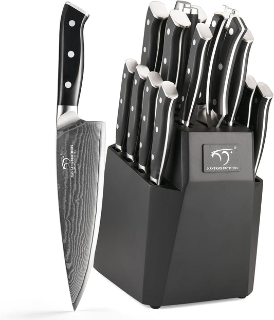 NANFANG BROTHERS Knife Sets for Kitchen with Block, Damasucs Kitchen Knife Sets 9 Pieces with Ergonomic Triple Rivet Handle, Kitchen Knives for Chopping, Slicing, Dicing & Cutting