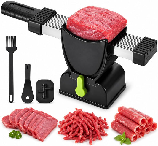 OMNIZO Fresh Meat Slicer Knife Set – 17-in-1 Stainless Steel Adjustable Meat Cleaver, 2mm & 4mm Thickness Manual Meat Cutter for Chicken, Beef & Jerky – Kitchen Knife Set for Meat Slicing, Cutting