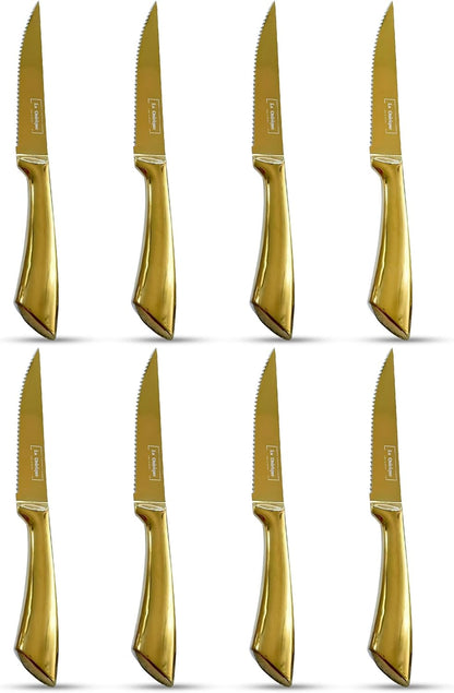 Luxury Silver & Gold Kitchen Knife Set with Block & Rod Sharpener – 8-Piece Titanium-Coated Stainless Steel Knives Set, Super Sharp Cutlery Tools, Stylish Knives Set for Kitchen