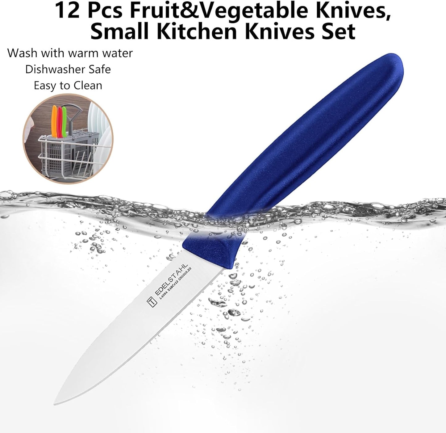 Paring and Garnishing Knife,Fruit Knife Set,12 Pieces Stainless Steel Paring Knives,Straight Edge Small Knife Set for Cutting Fruits and Vegetable,Spear Point,Ergonomic Handle,Multicolor